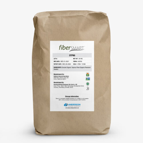 Brown kraft paper bag of FiberSMART Organic Tapioca Powder 90% with printed label and product details